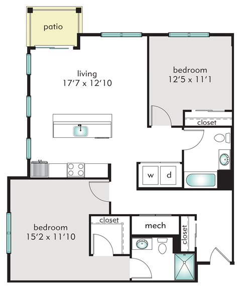 Floor plan for 2 beds, 2 baths, 1125 sqft